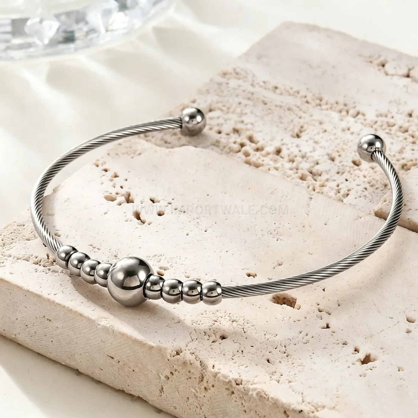 Chic Flexible Stainless Steel Cable Bangle With Symmetrical Round Bead Accents