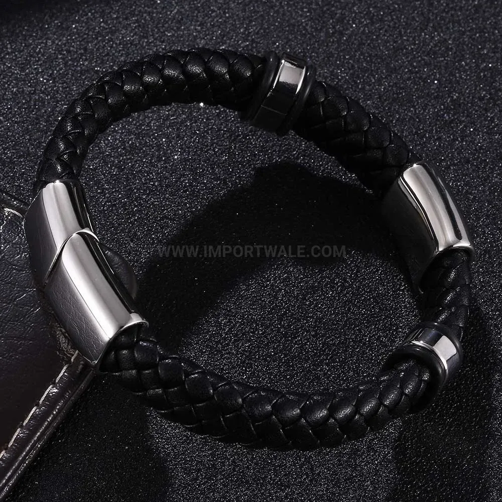 Braided Leather Bracelet With Stainless Steel Hardware Accent