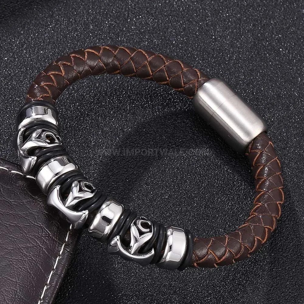 Modern Vintage Brown Leather Bracelet with Stainless Steel Cross Magnetic Clasp