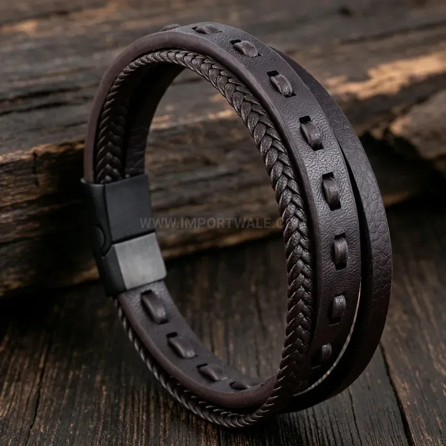 Elegant Dual Layer Woven Leather Cord Wristband with Magnetic Closure