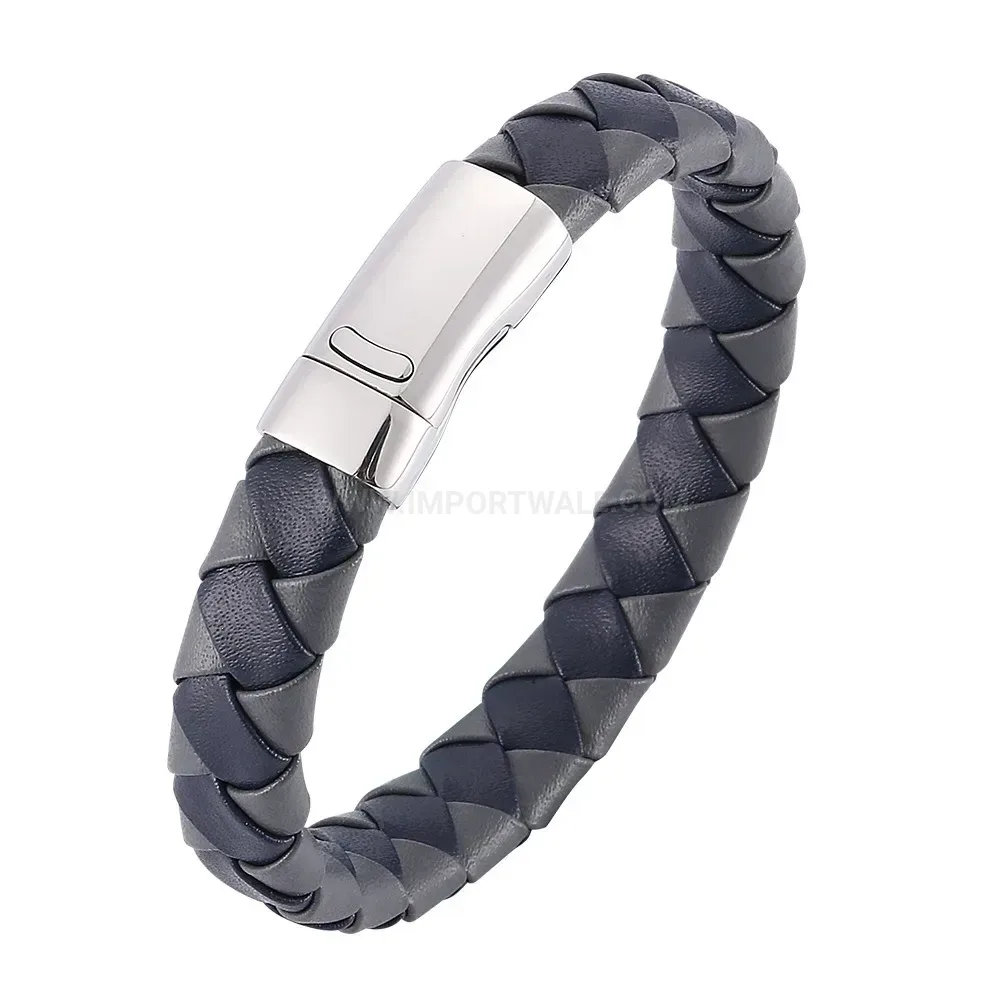 Two Tone Braided Leather Stainless Steel Geometric Bracelet