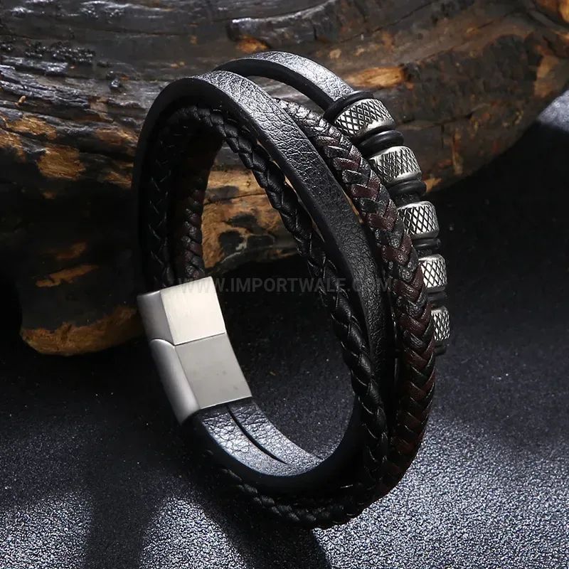 Multi-Layer Braided Microfiber Leather Bracelet with Stainless Steel