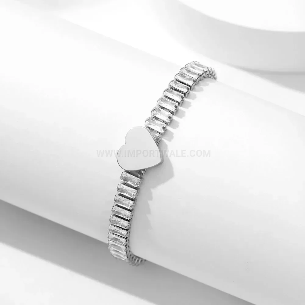 Polished Stainless Steel Heart Bracelet with Cubic Zirconia