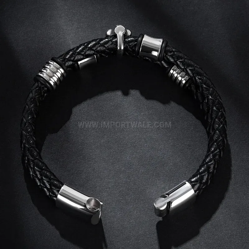 Stylish Dual-Strand Leather Skull Bracelet with Stainless Steel Accents