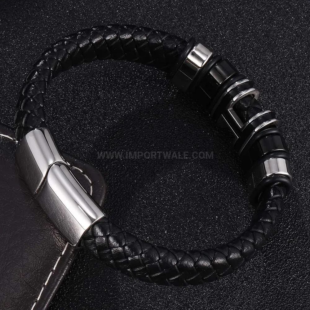 Bold Braided Leather Wristband with Stainless Steel Magnetic Clasp