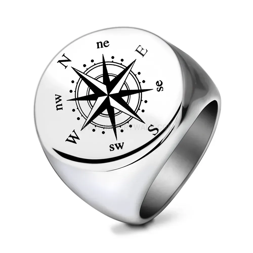 Fashion Vintage Compass Engraved Stainless Steel Signet Ring