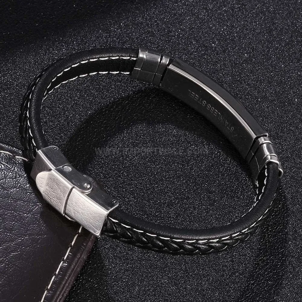 Polished Stainless Steel Minimalist Black Leather Strap Bracelet