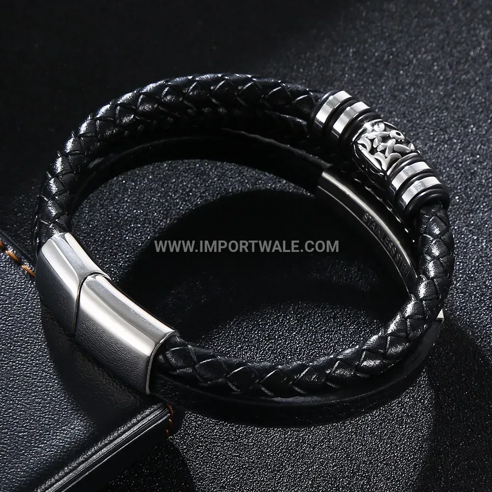 Multi Layer Braided Leather Wristband with Stainless Steel Accents