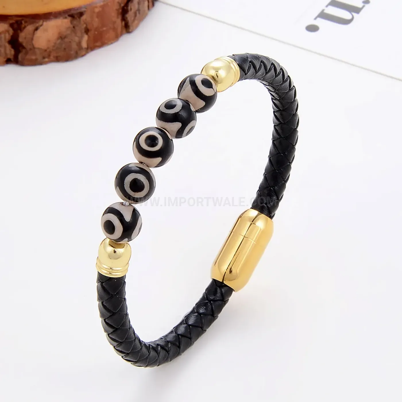 Braided Leather Natural Stone Beaded Wristband Stainless Steel Clasp