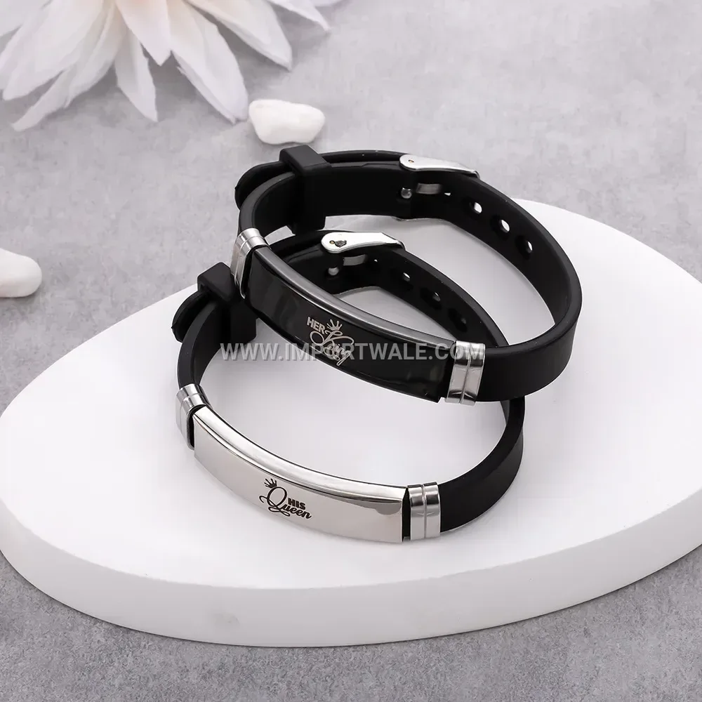 Silicone and Stainless Steel Crown Motif Pair Bracelet