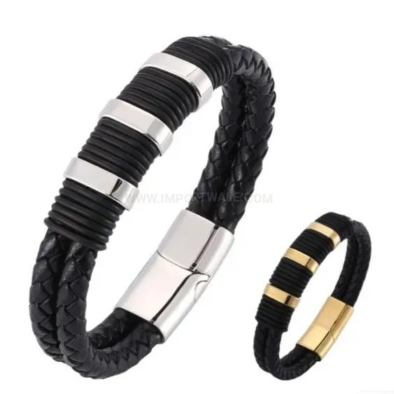 Trendy Engravable Stainless Steel Plate Black Leather Braided Couple Bracelet