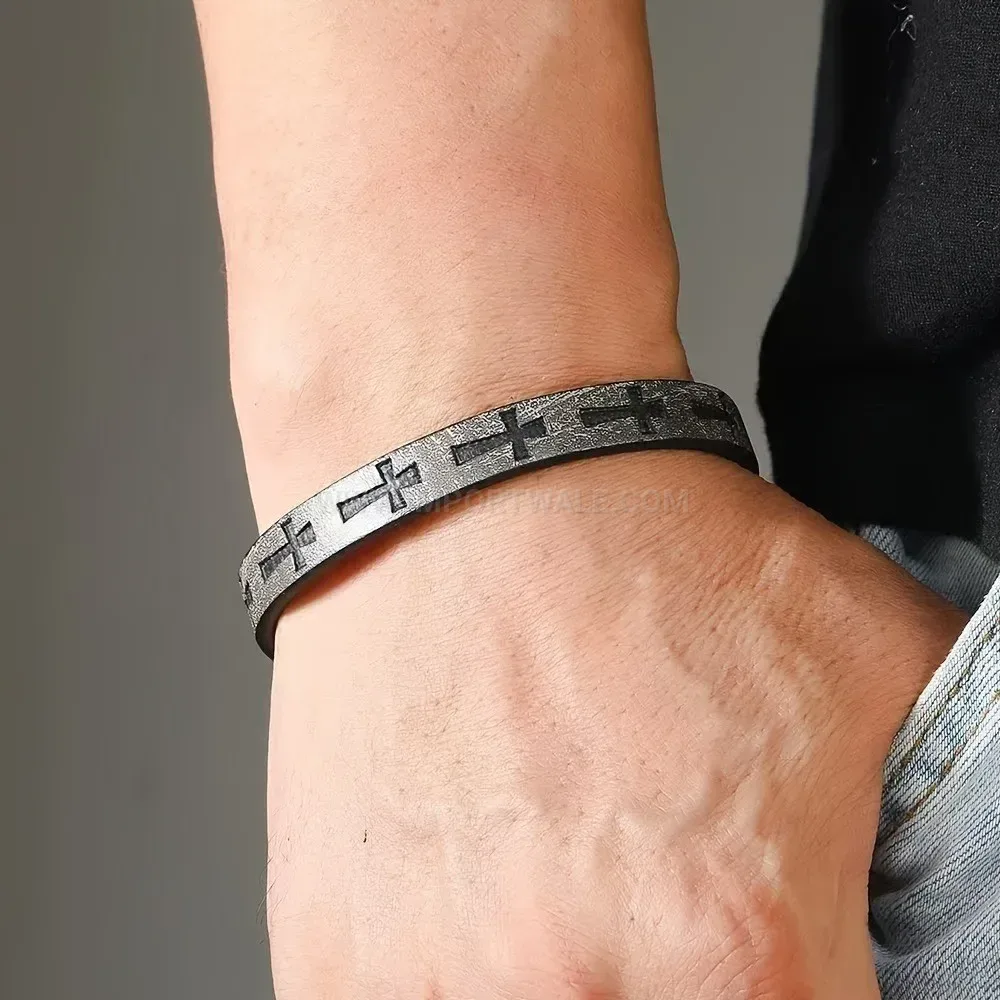 Stylish Printed Cross Faux Leather Bracelet With Magnetic Clasp