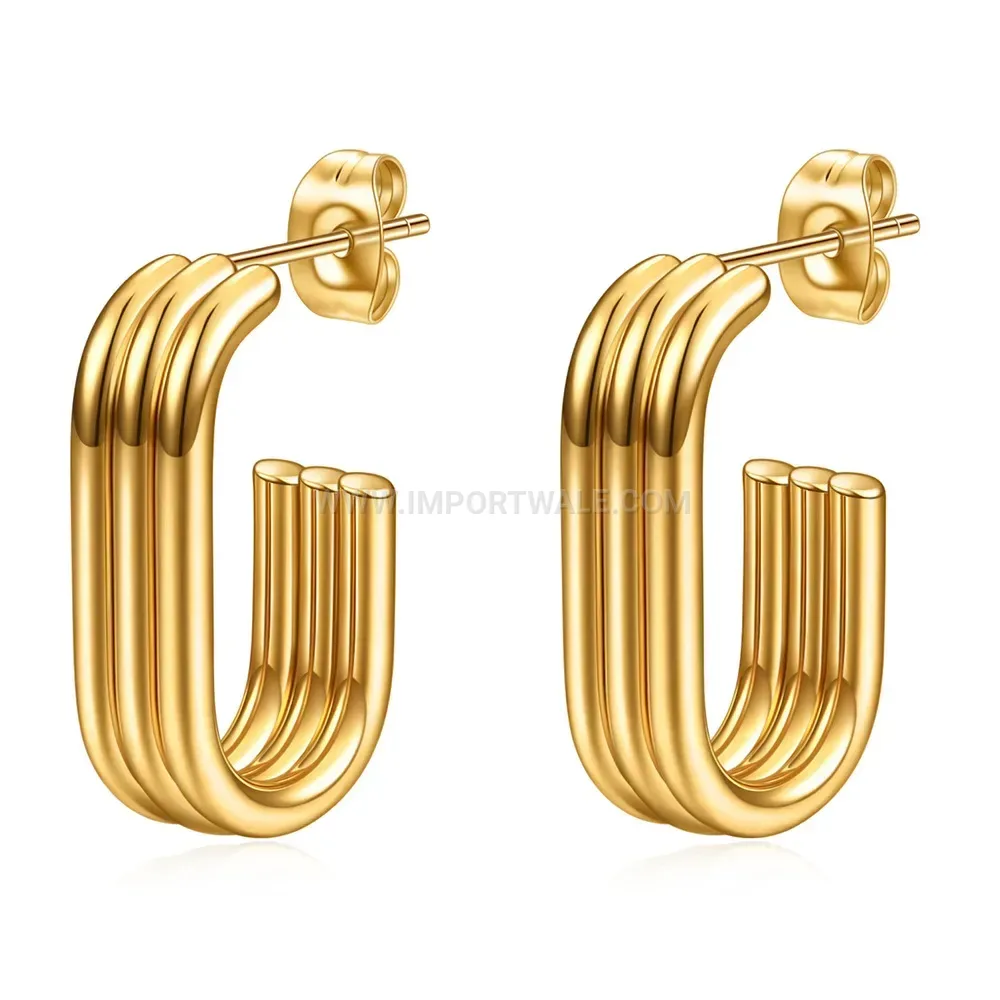 Triple Band U Shaped Stainless Steel Hoop Earrings