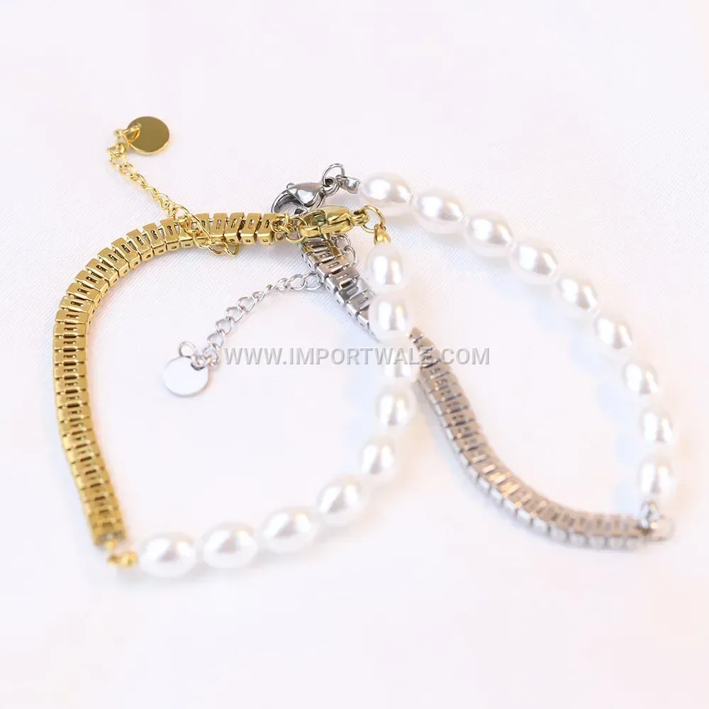 Faux Pearl Splice Stainless Steel Cubic Zirconia Bracelet
