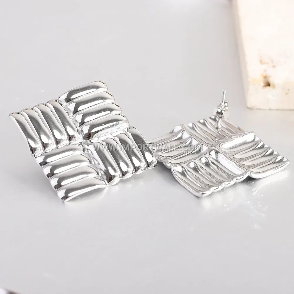 Geometric Textured Square Stainless Steel Stud Earrings
