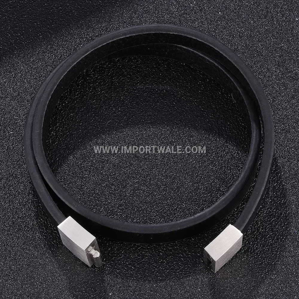 Double Wrap Black Leather Stainless Steel Magnetic Clasp Bracelet