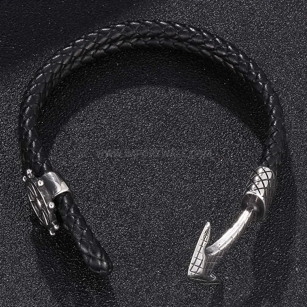 Braided Leather Anchor Charm Stainless Steel Cuff Bracelet