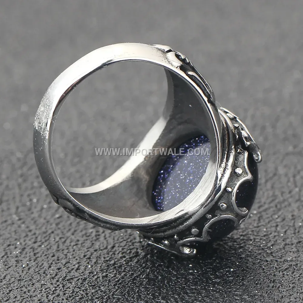 Vintage Titanium Steel Ring with Blue Sandstone Inlay