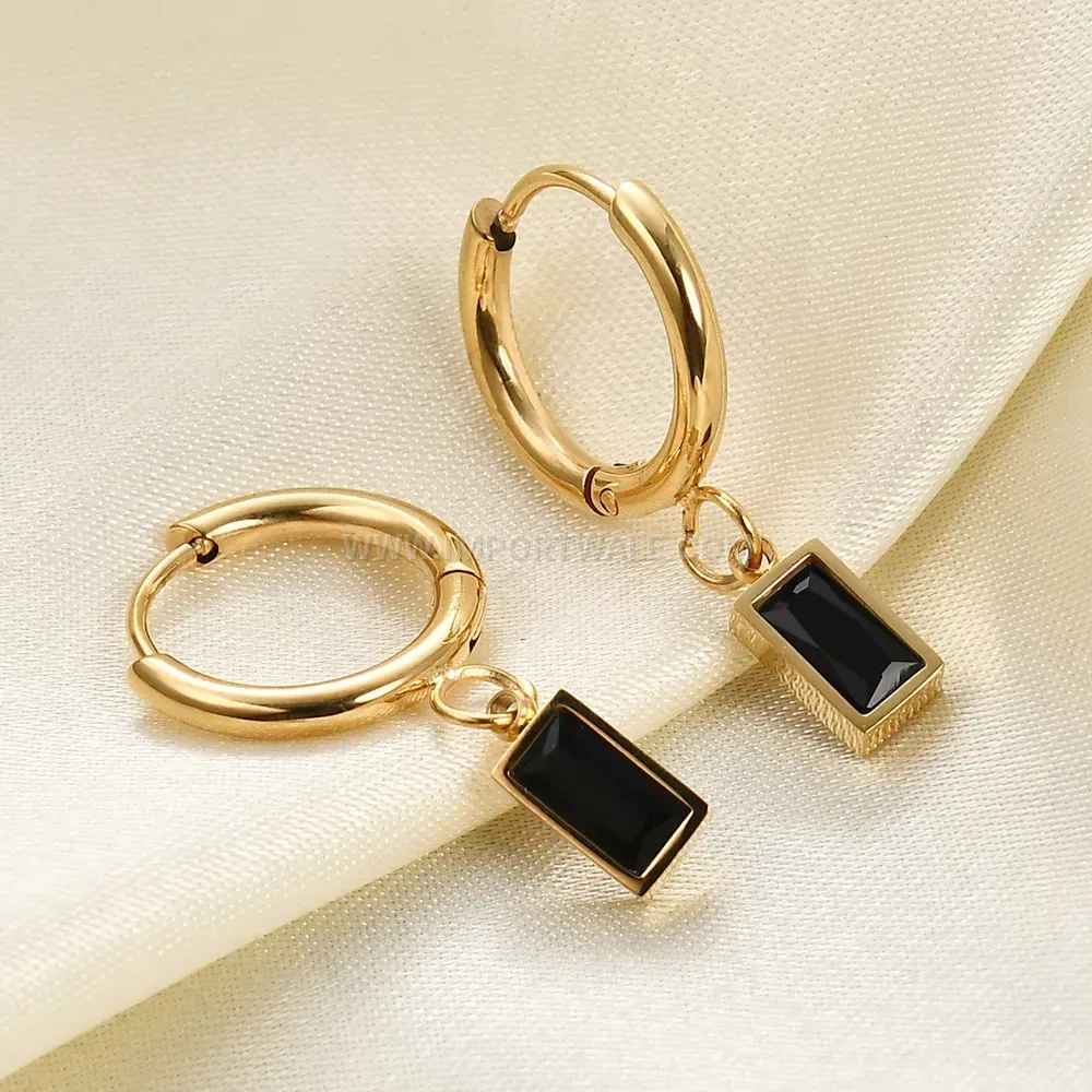 Gold Plated Stainless Steel Huggie Earrings with Zircon Accent