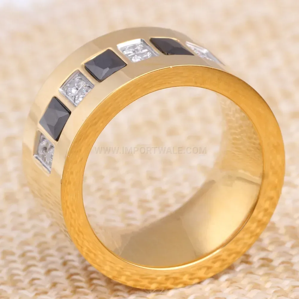 Gold Tone Zircon Inlaid Stainless Steel Band Ring