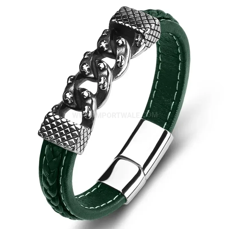 Chic Stainless Steel Skull Chain Leather Bangle Bracelet