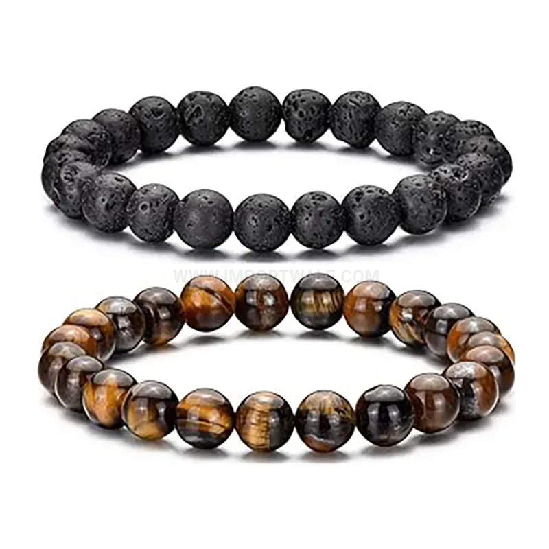Handcrafted Natural Flame Stone Beaded Bracelet for Men