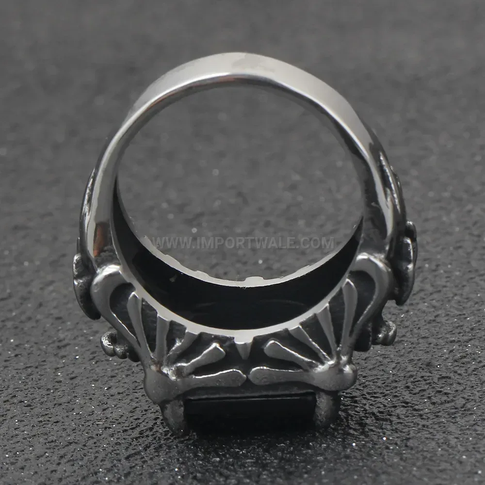 Modern Gothic Antique Stainless Steel Ring with Black Glass Stone