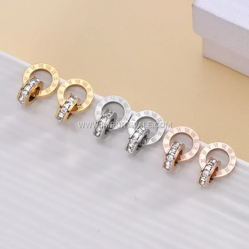 Zircon Accent Roman Numeral Double Ring Titanium Steel Stud Earrings