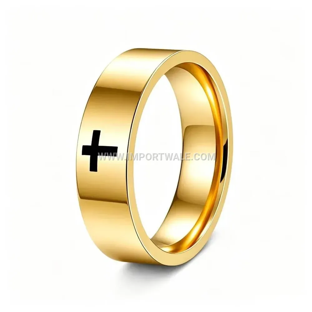 Laser-Engraved Flat Cross Band Ring in Stainless Steel