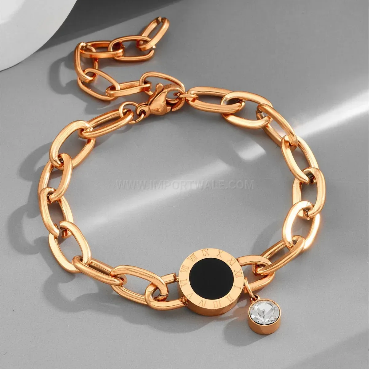 Designer Titanium Steel Four Leaf Clover Roman Numeral Charm Bracelet