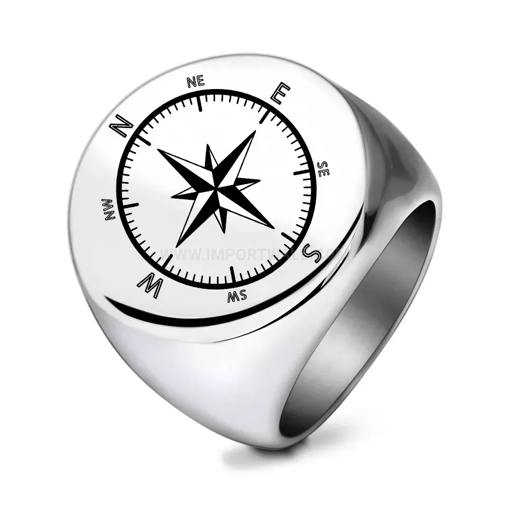 Elegant Laser Engraved Compass Motif Vintage Stainless Steel Ring