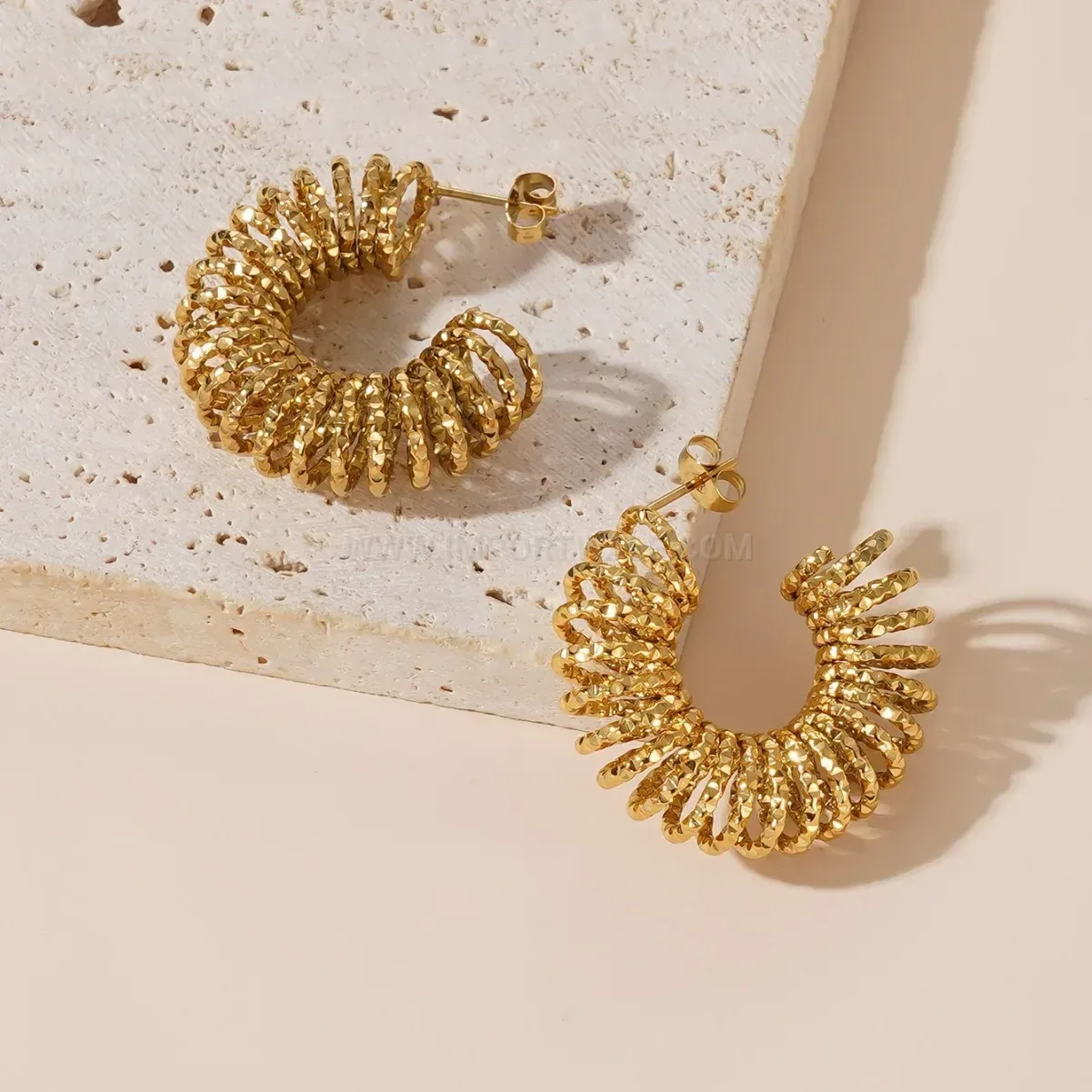 Chic Textured Threaded 18K Gold Plated Stainless Steel Hoop Earrings