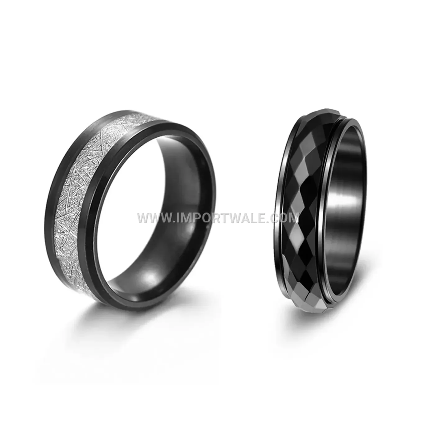 Beveled Edge Black Stainless Steel Engraved Couple Band Ring