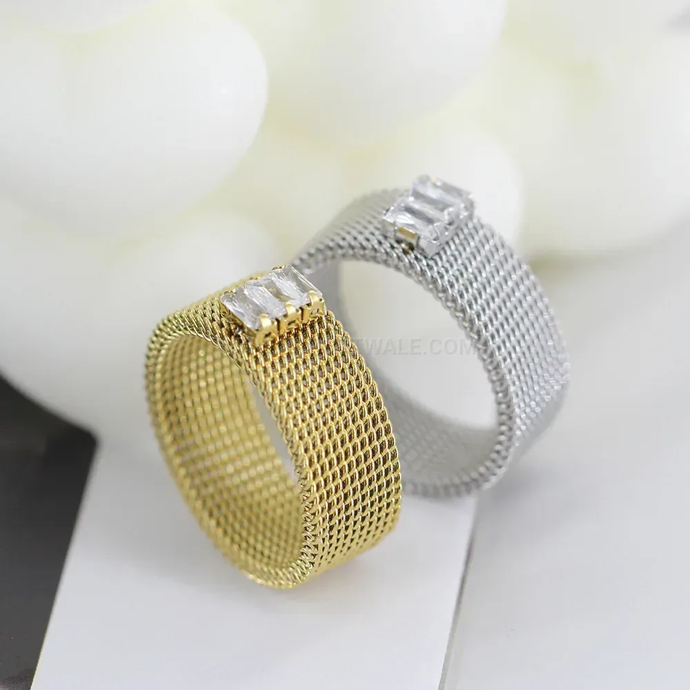 Wide Mesh Crystal Embellished Stainless Steel Ring