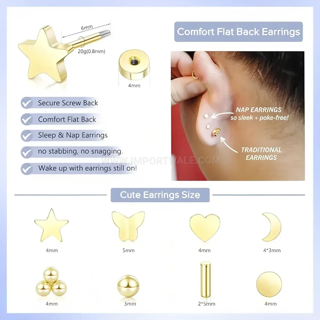Chic Stainless Steel Star Moon Heart Piercing Stud Earrings Set