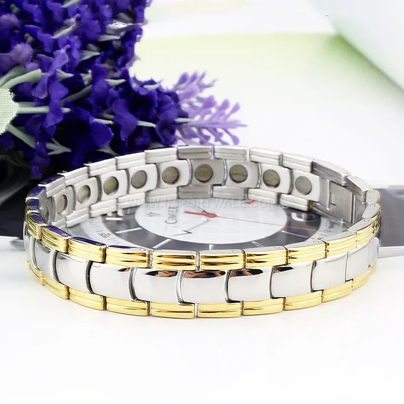 Premium Men Two Tone Steel Bio Magnetic Bracelet with Hematite Inlays