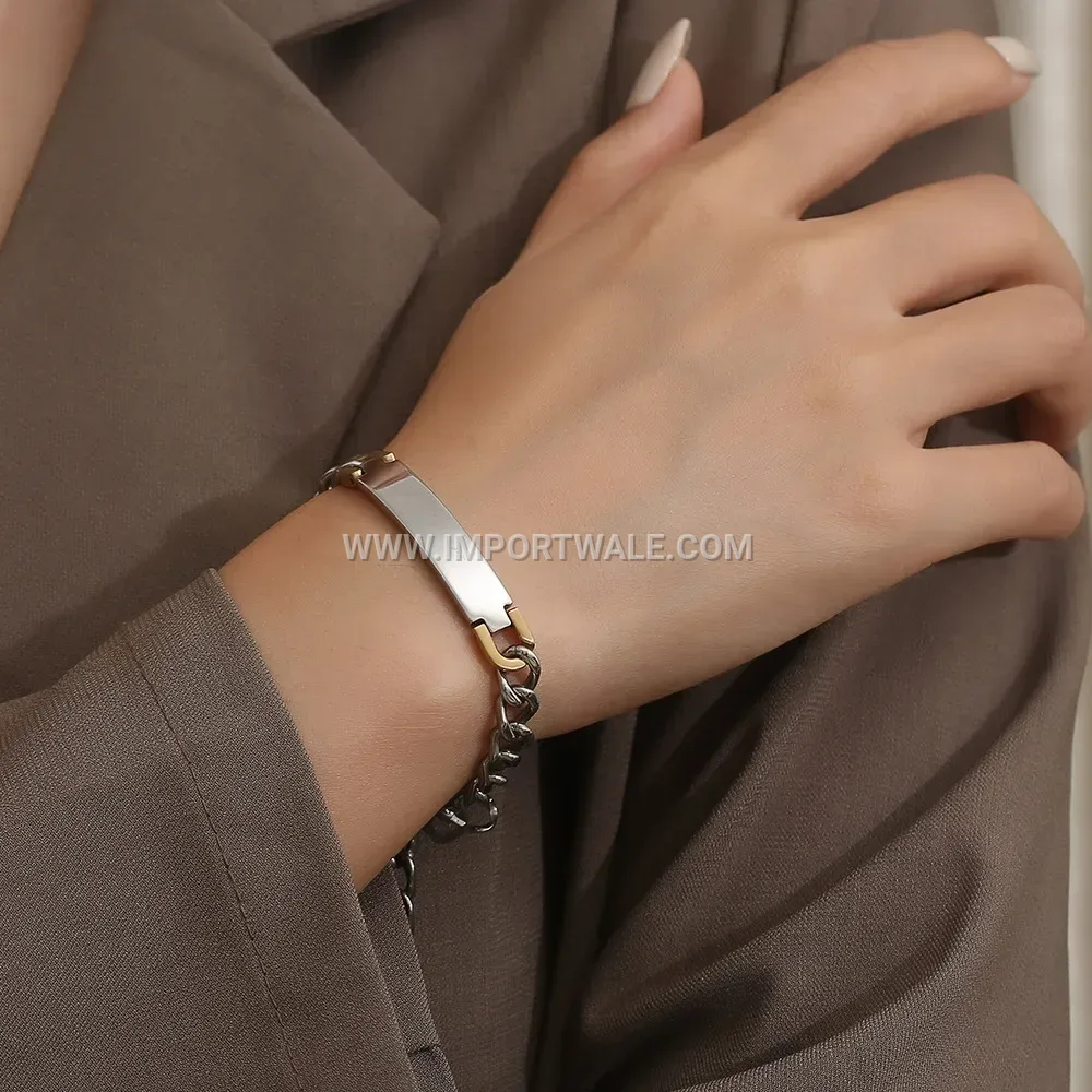 Twisted Chain Bar Curved Plate Rhinestone Titanium Steel Bracelet