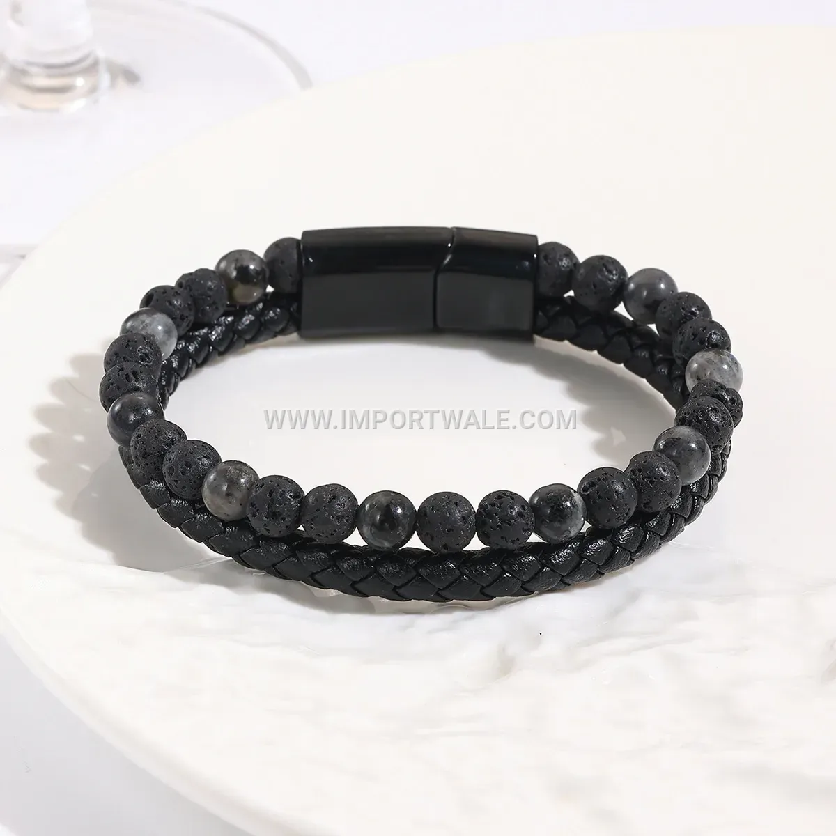 Braided Leather and Natural Stone Bead Men's Cuff Bracelet