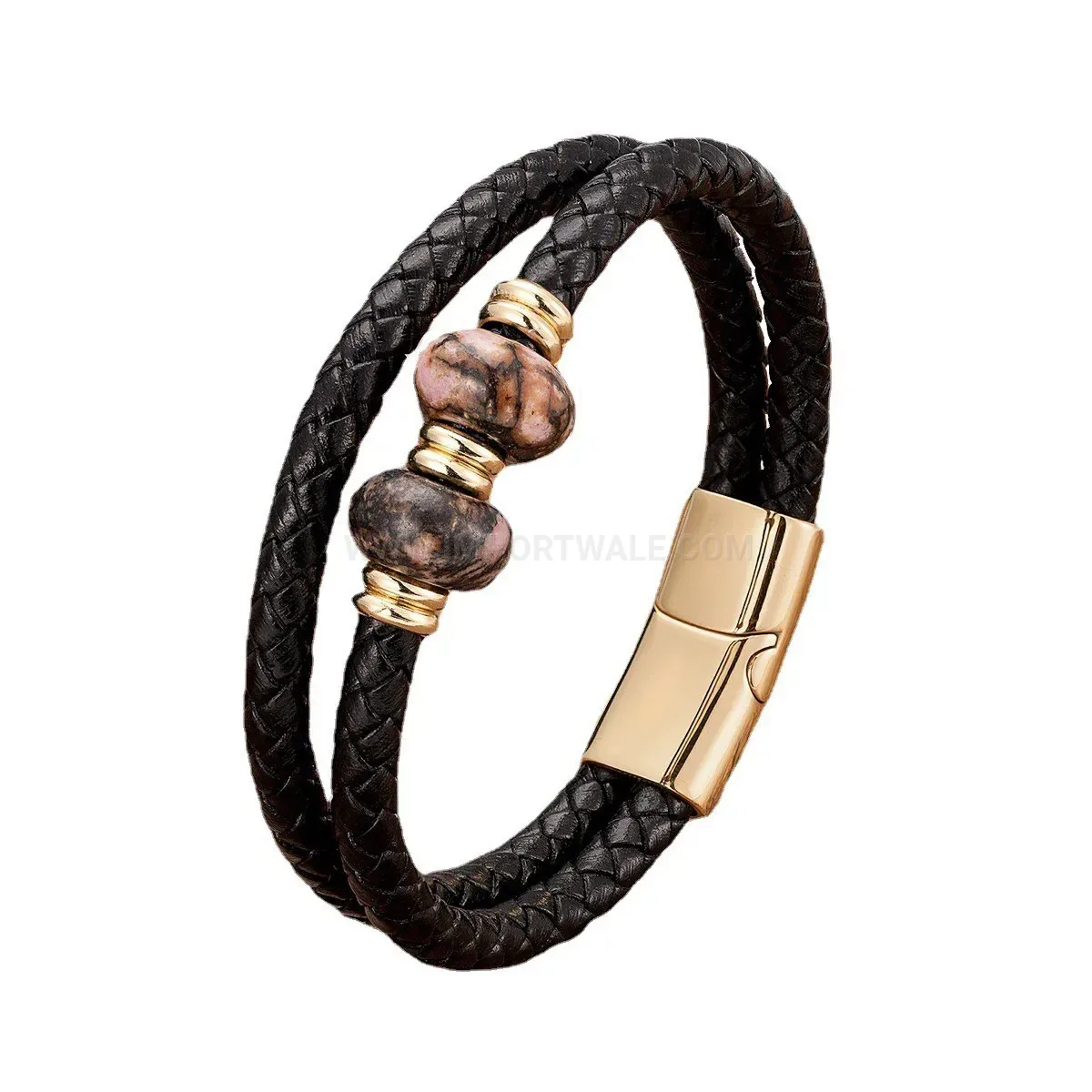 Double Layer Hand Woven Leather and Natural Stone Bracelet