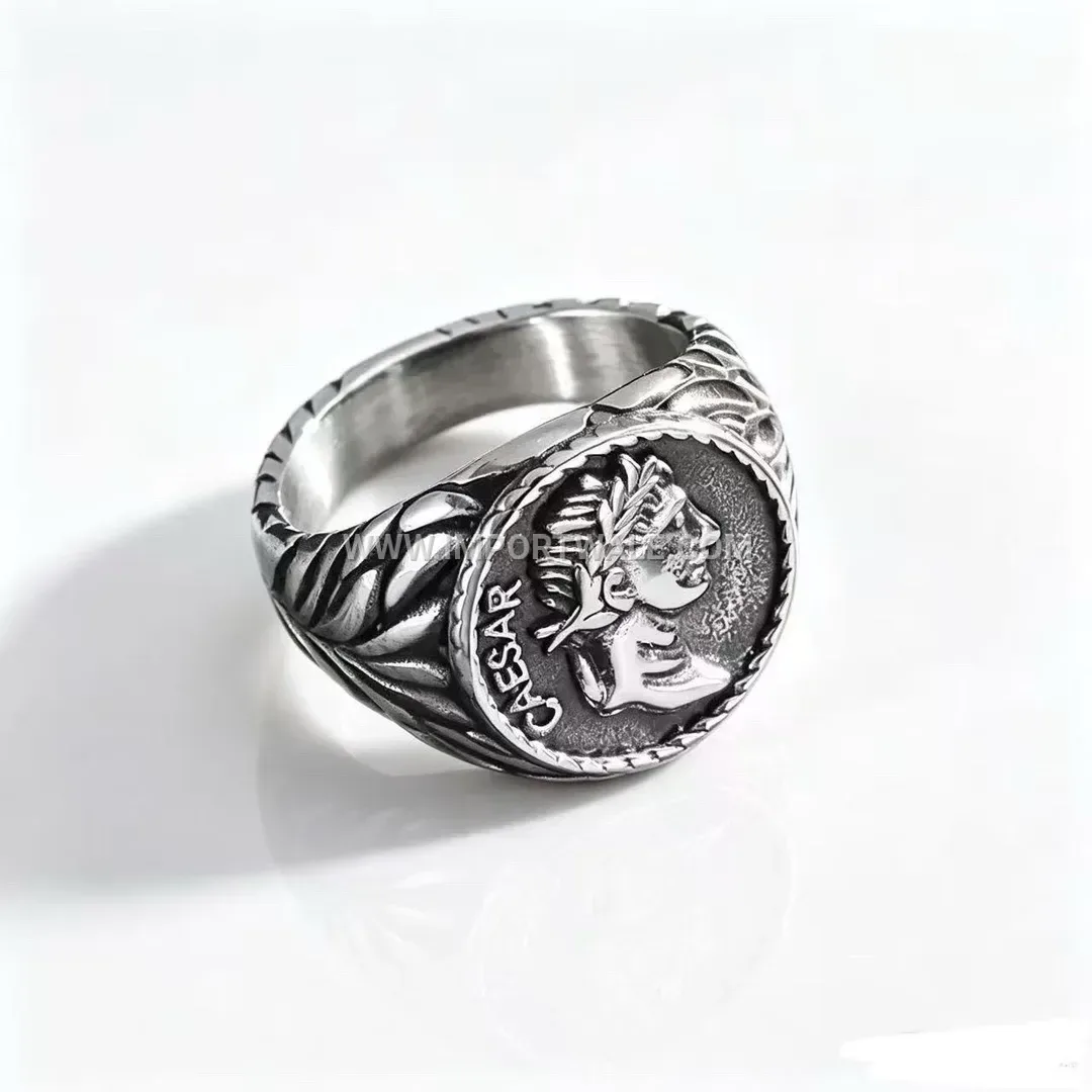 Vintage Caesar Coin Stainless Steel Portrait Signet Ring