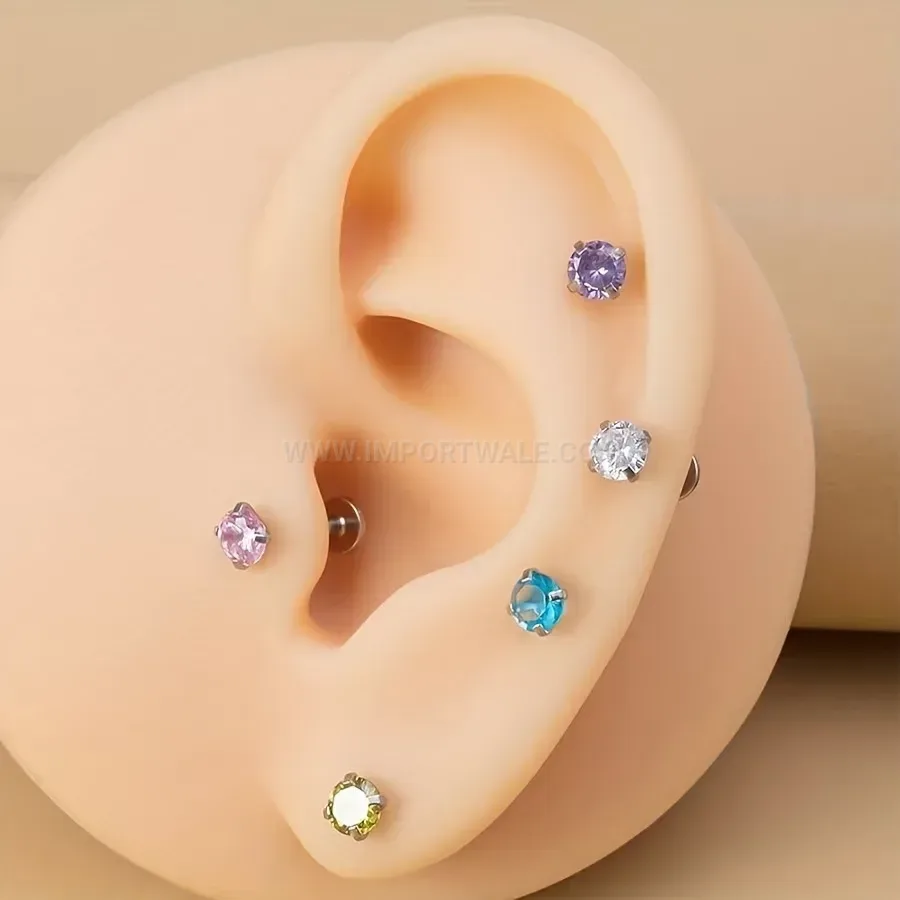 Bold Stainless Steel Internal Thread Zircon Labret Ear Piercing Set