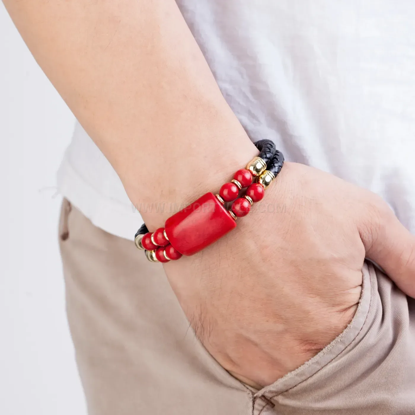 Double Strand Woven Leather Bracelet with Natural Stones