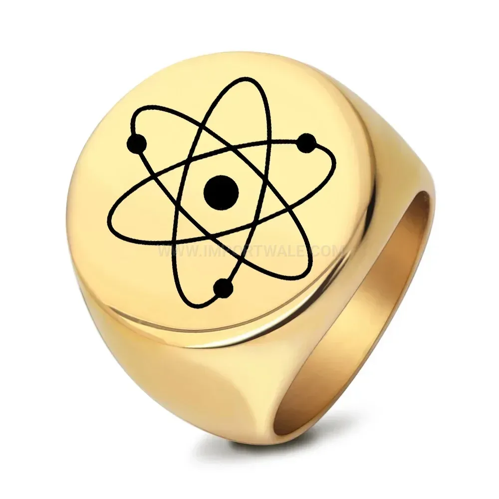 Bold Stainless Steel Atomic Structure Engraved Signet Ring