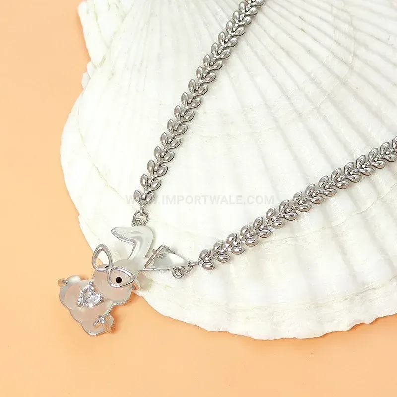 Frosted Steel Rabbit Pendant Sweater Chain Necklace