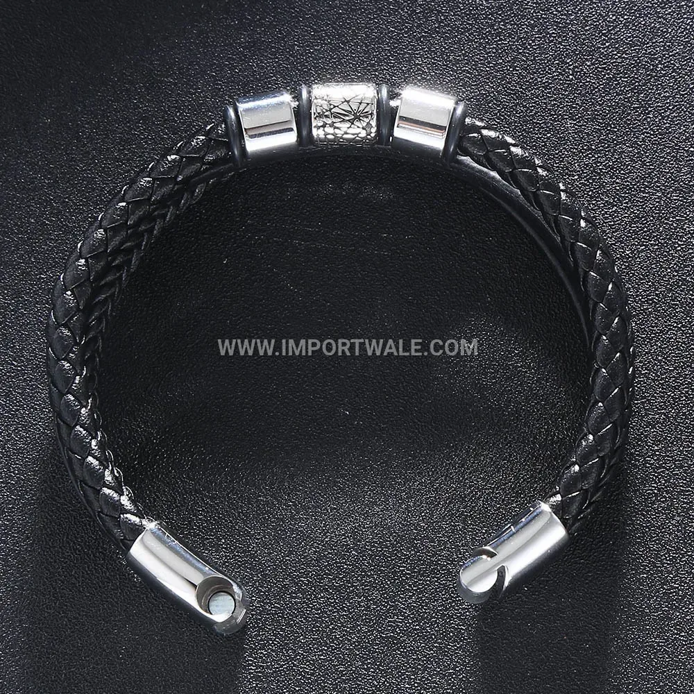 Woven Black Leather Men Bracelet with Stainless Steel Beads