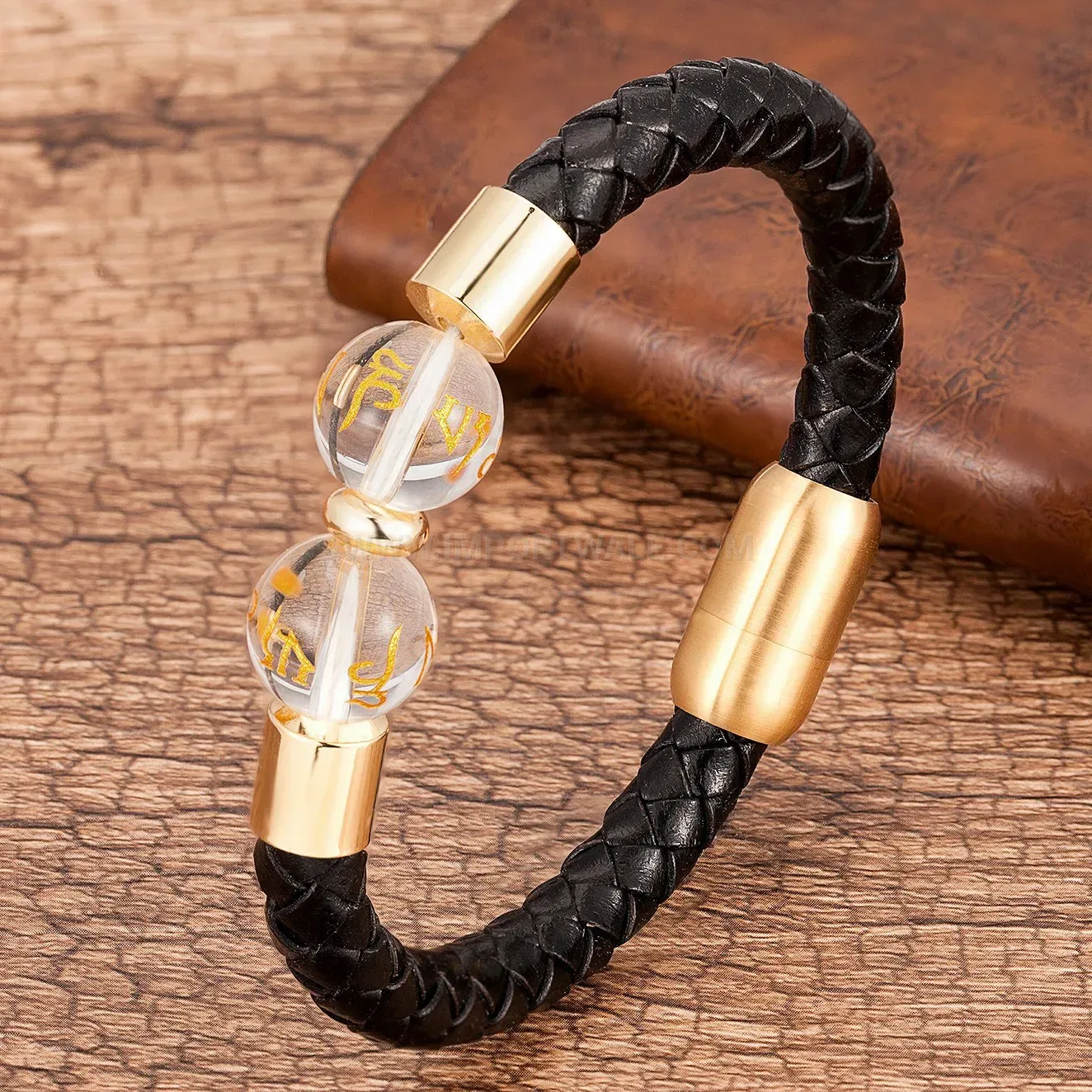 Classic Leather Cord Stone Bracelet with Stainless Steel Hardware