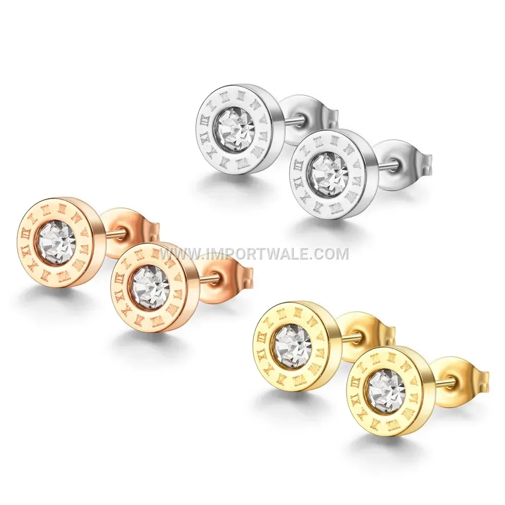 Roman Numeral Engraved Stainless Steel Huggie Stud Earrings