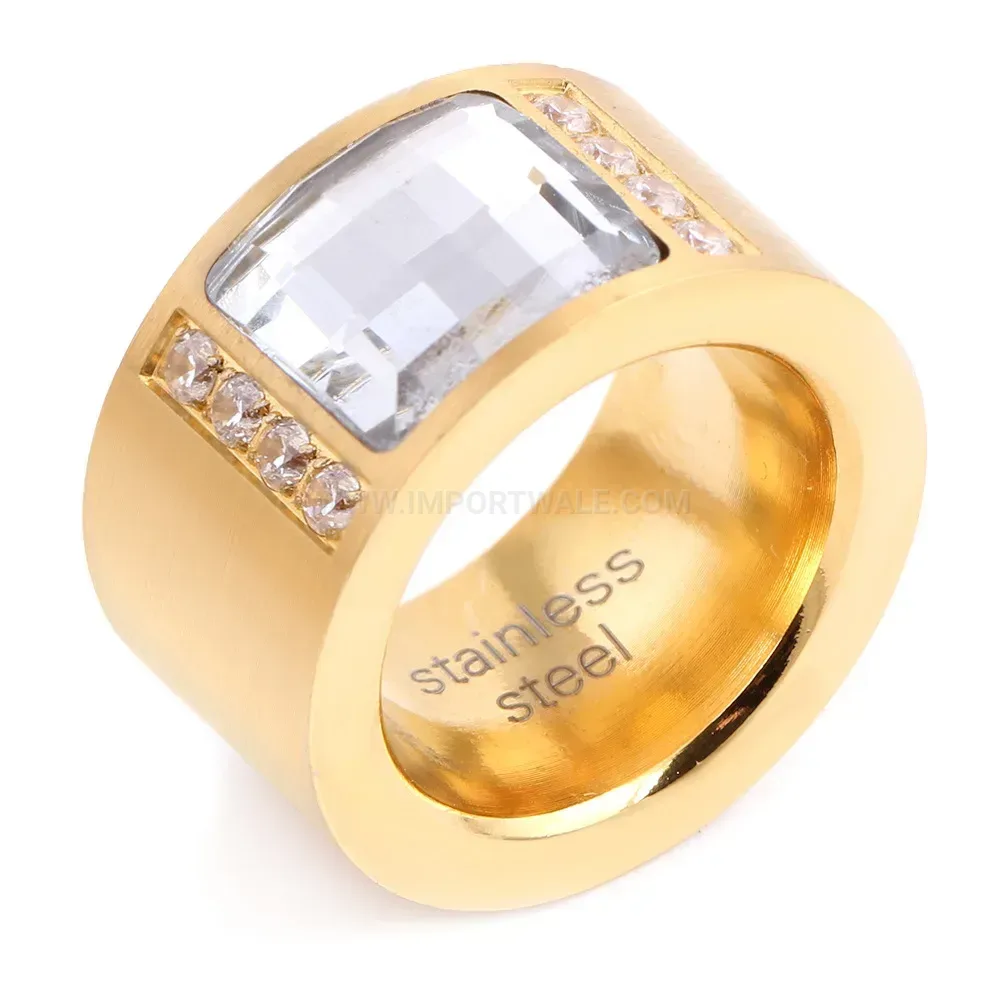 Double Row Cubic Zirconia Gold Stainless Steel Statement Ring