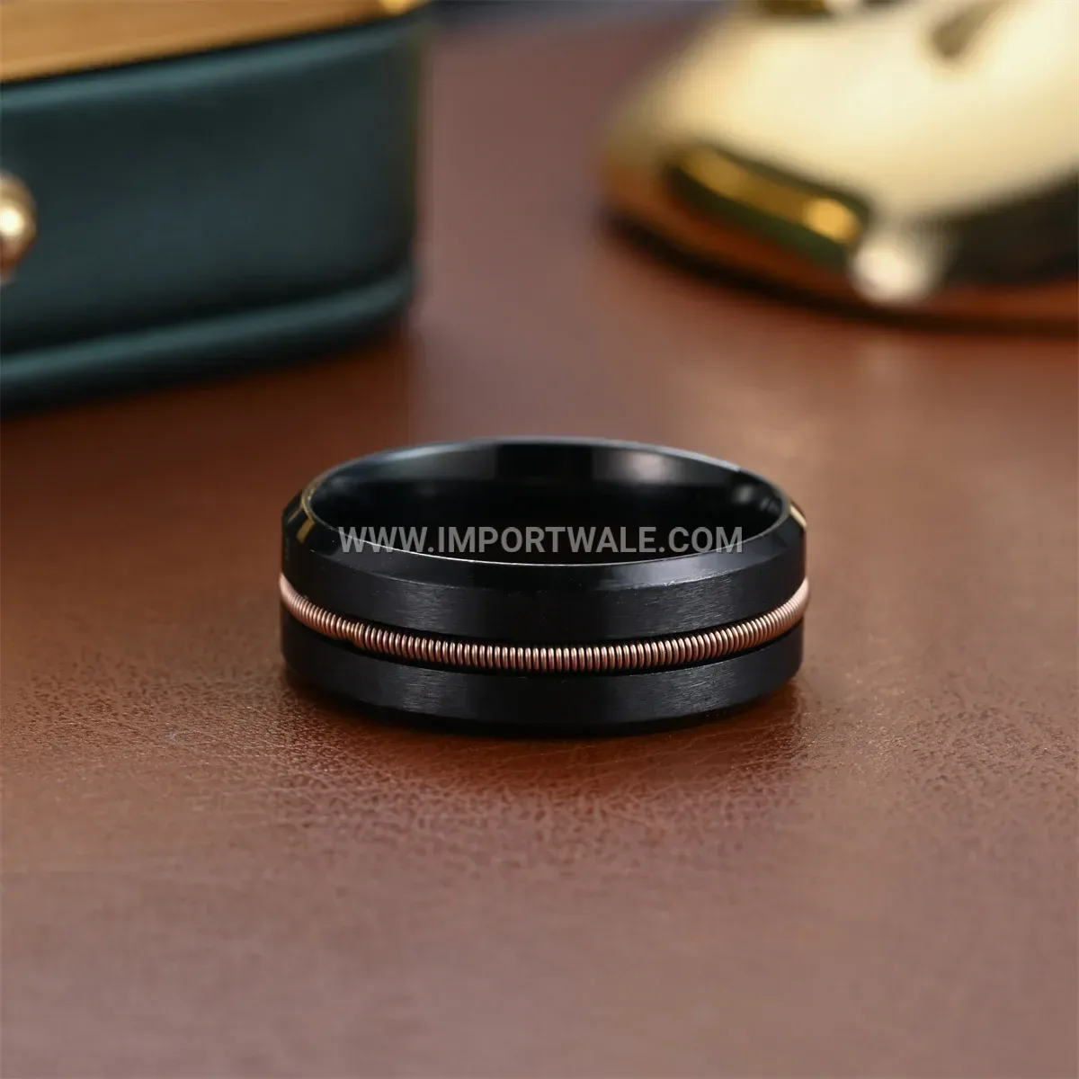 Matte Black Beveled Guitar String Stainless Steel Band Ring