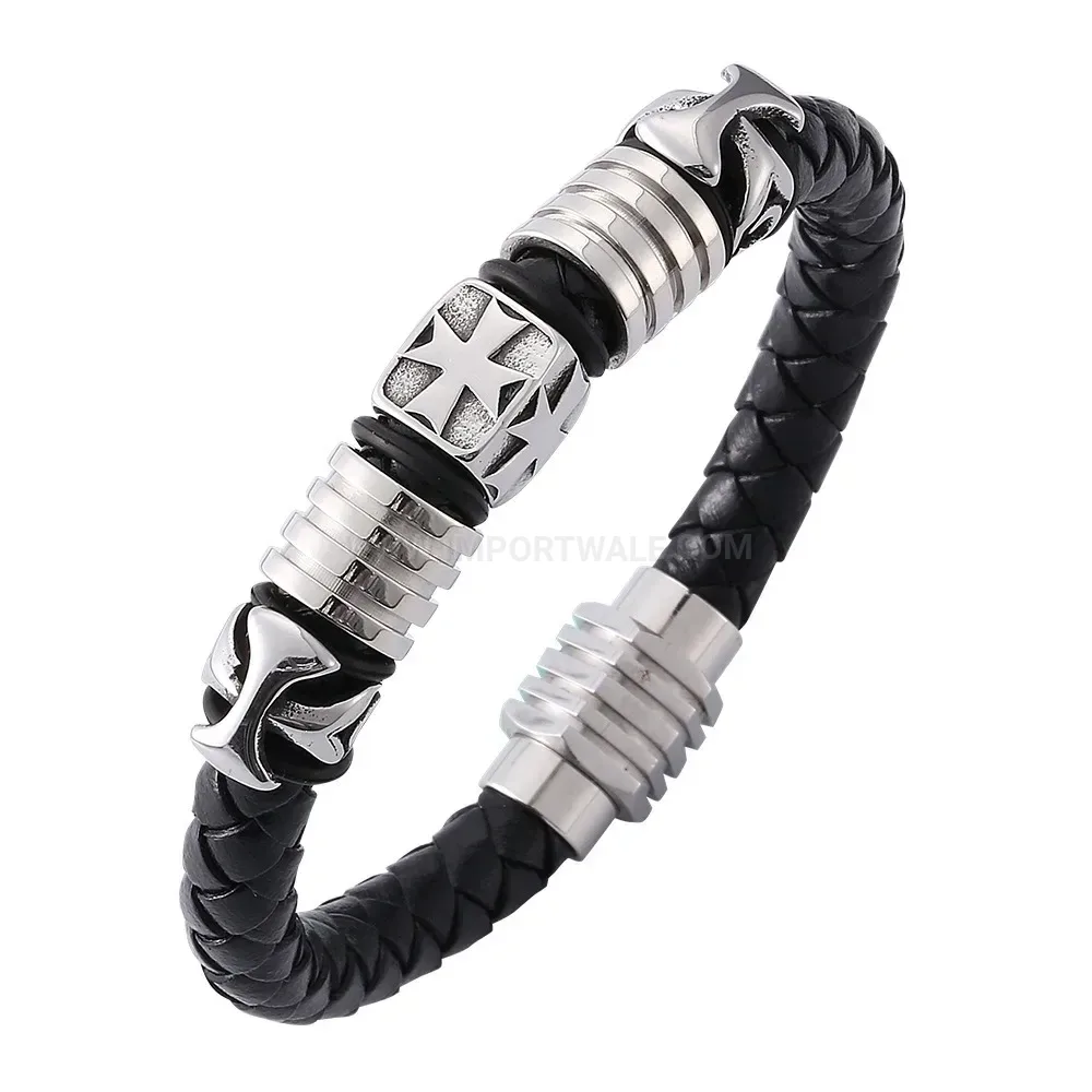 Magnetic Stainless Steel Cross Leather Braid Bracelet